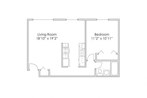 Floor plan for 1 bed, 1 bath, 597 sqft