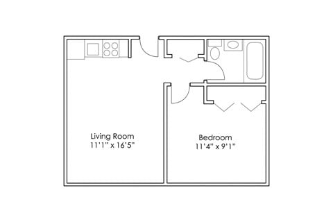 Floor plan for 1 bed, 1 bath, 400 sqft