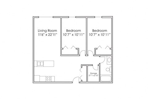 Floor plan for 2 beds, 1 bath, 750 sqft