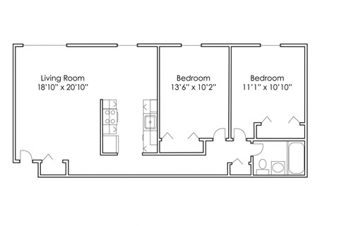 Floor plan for 2 beds, 1 bath, 833 sqft