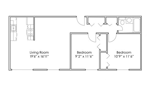 Floor plan for 2 beds, 1 bath, 757 sqft