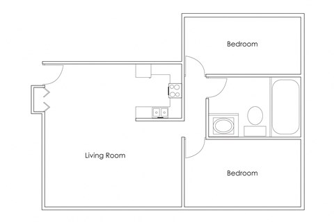 Floor plan for 2 beds, 1 bath, 806 sqft