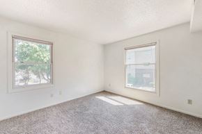Des Moines apartment for rent - an empty bedroom with two windows and a carpeted floor