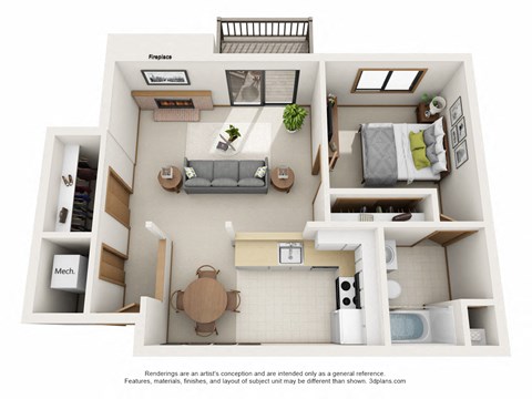 Floor plan for 1 bed, 1 bath, 742 sqft
