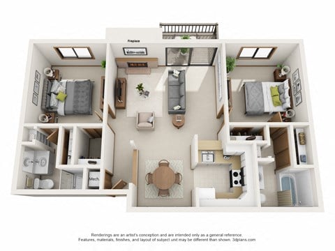 Floor plan for 2 beds, 2 baths, 947 sqft