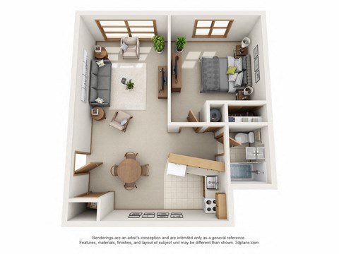 Floor plan for 1 bed, 1 bath, 527 sqft