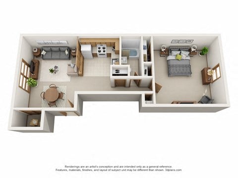 Floor plan for 1 bed, 1 bath, 610 sqft
