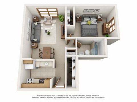Floor plan for 1 bed, 1 bath, 545 sqft