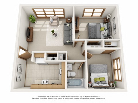 Floor plan for 2 beds, 1 bath, 661 sqft