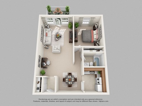 Floor plan for 1 bed, 1 bath, 649 sqft