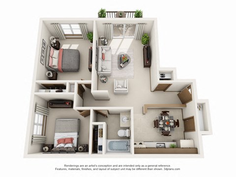 Floor plan for 2 beds, 1 bath, 775 sqft