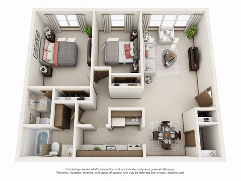 Floor plan for 2 beds, 1.5 baths, 890 sqft