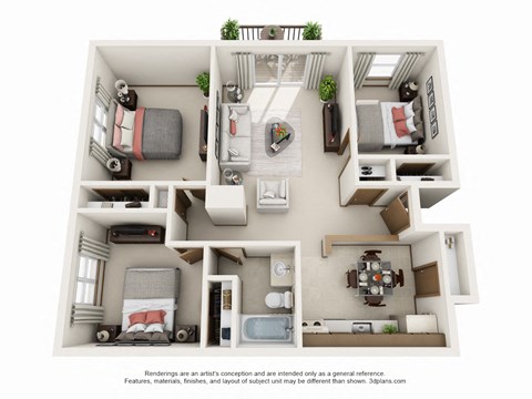 Floor plan for 3 beds, 1 bath, 886 sqft