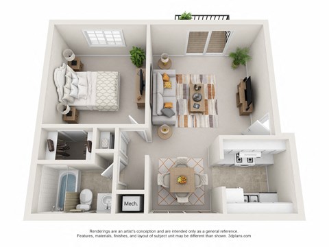 Floor plan for 1 bed, 1 bath, 650 sqft