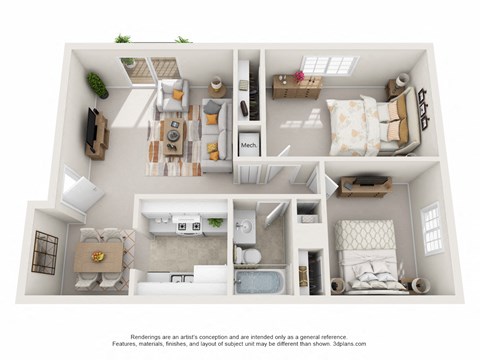 Floor plan for 2 beds, 1 bath, 800 sqft
