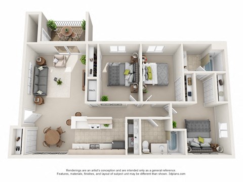 Floor plan for 3 beds, 2 baths, 1200 sqft