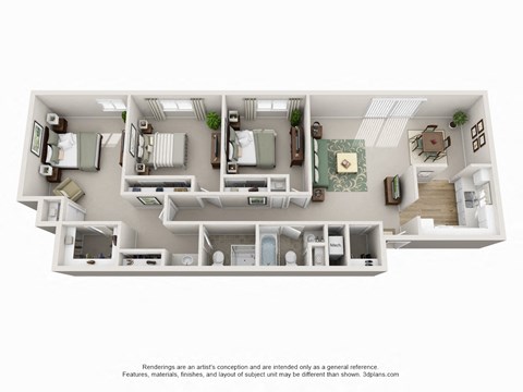 Floor plan for 3 beds, 2 baths, 1300 sqft