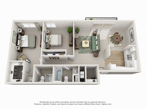 Floor plan for 2 beds, 2 baths, 1100 sqft