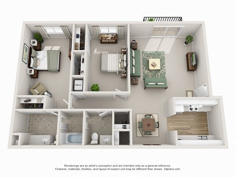 Floor plan for 2 beds, 1.5 baths, 1000 sqft