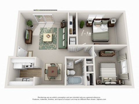 Floor plan for 2 beds, 1 bath, 800 sqft