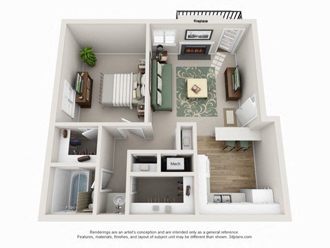 Floor plan for 1 bed, 1 bath, 850 sqft