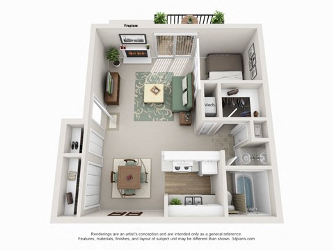 Floor plan for studio, 1 bath, 600 sqft