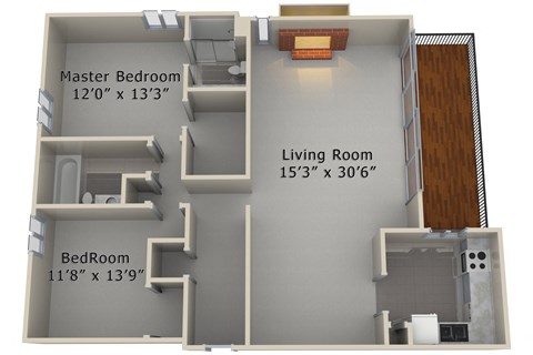 Floor plan for 2 beds, 2 baths, 1250 sqft