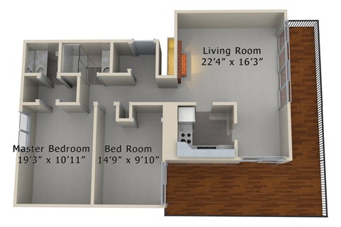 Floor plan for 2 beds, 1.5 baths, 1275 sqft