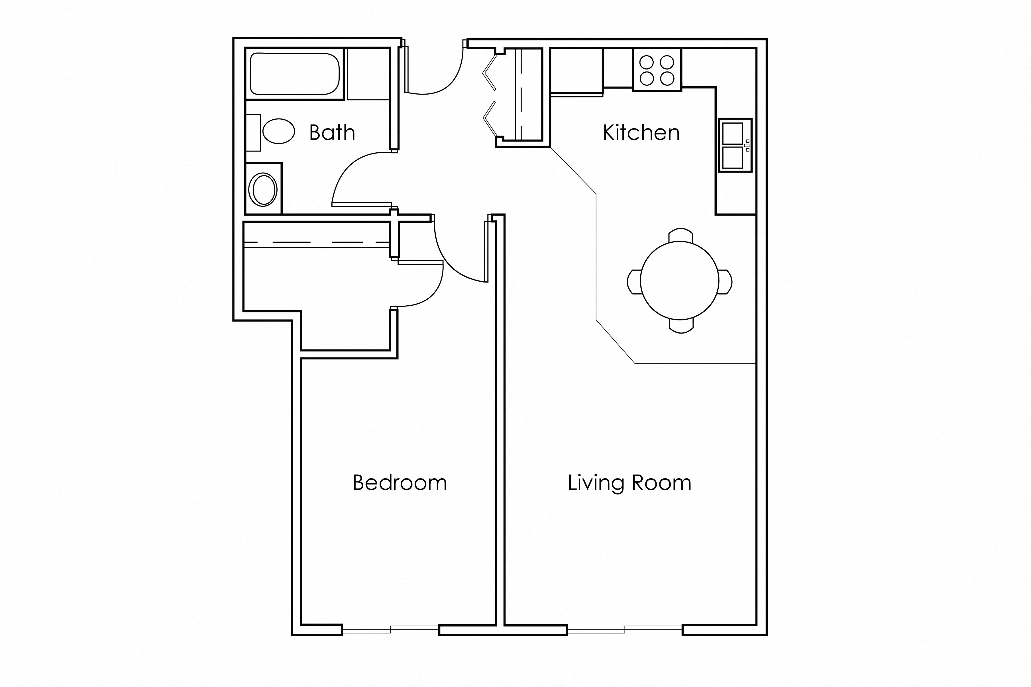 Floor plan for 1 bed, 1 bath, 655 sqft