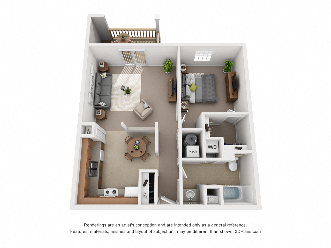 Floor plan for 1 bed, 1 bath, 735 sqft