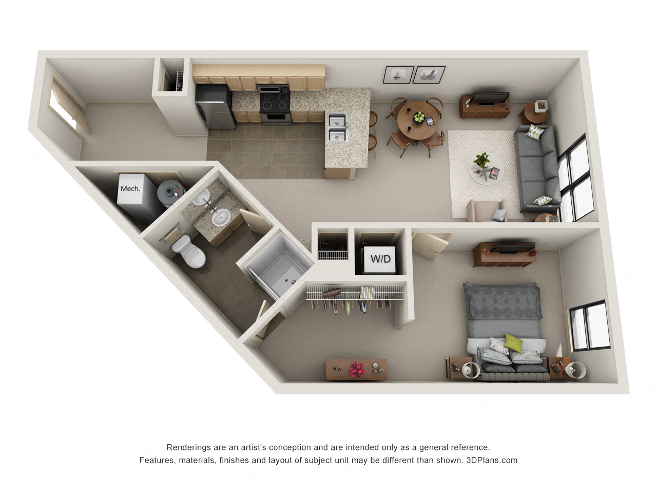 Floor plan for 1 bed, 1 bath, 707 sqft