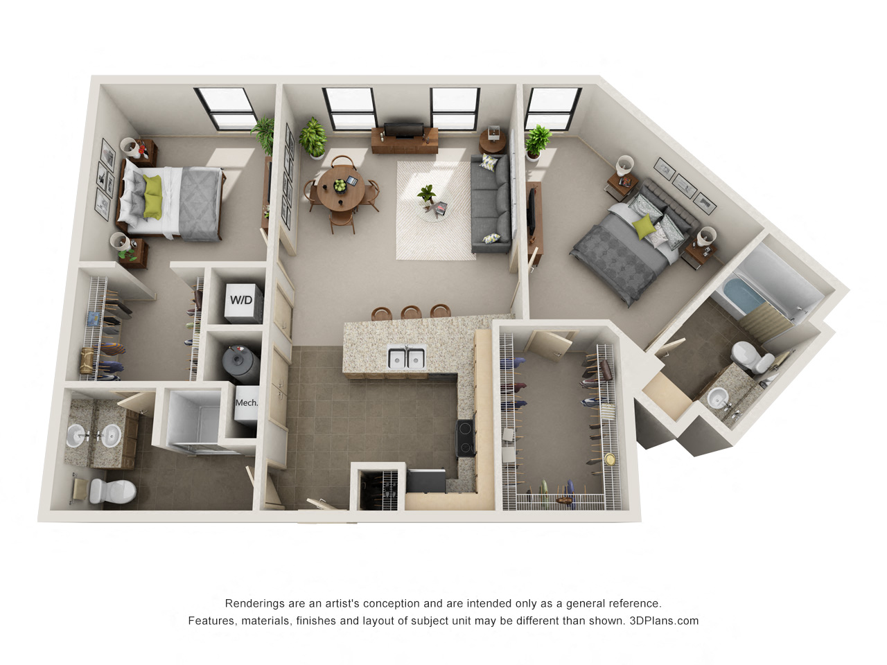 Floor plan for 2 beds, 2 baths, 1041 sqft