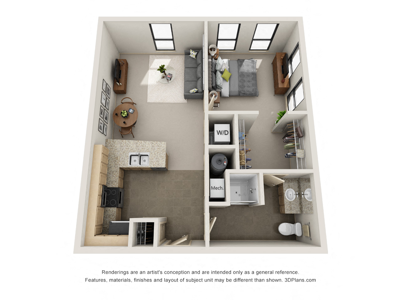 Floor plan for 1 bed, 1 bath, 658 sqft