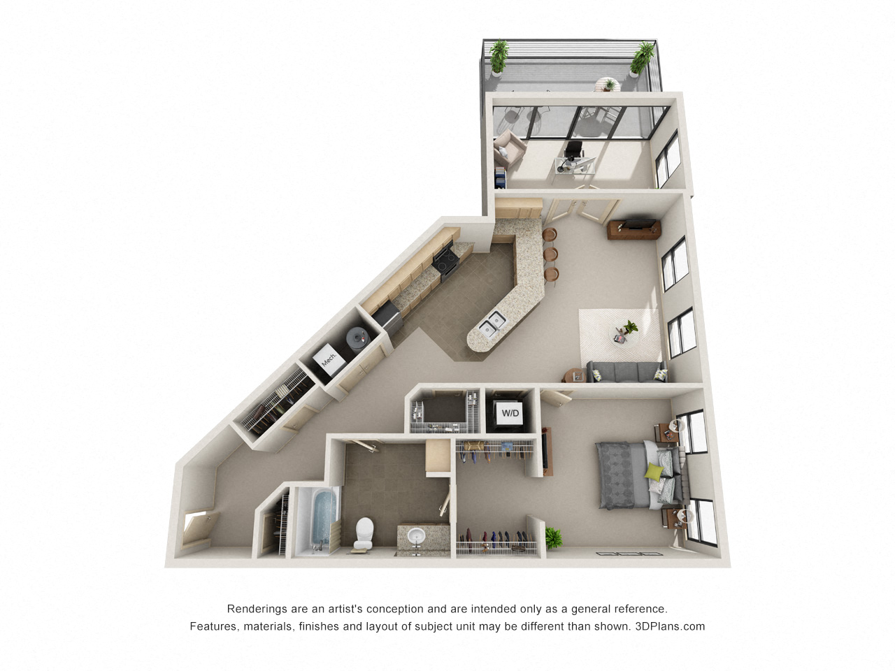 Floor plan for 1 bed, 1 bath, 970 sqft