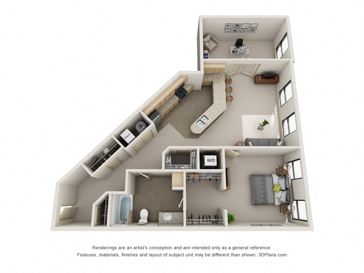 Floor plan for 1 bed, 1 bath, 970 sqft