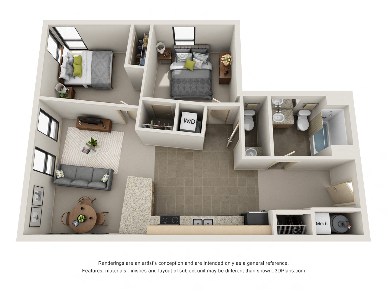 Floor plan for 2 beds, 1.5 baths, 889 sqft