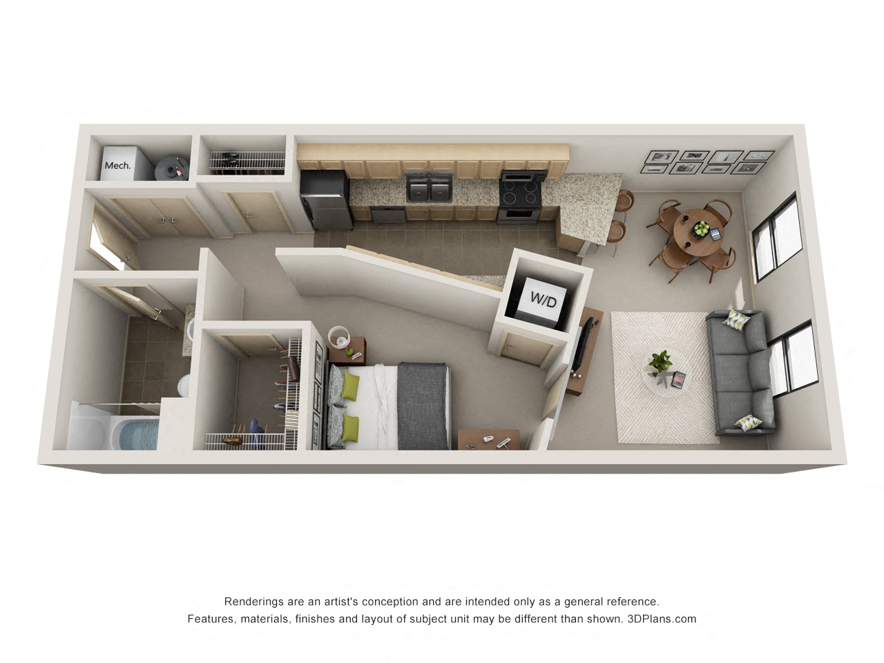 Floor plan for 1 bed, 1 bath, 669 sqft