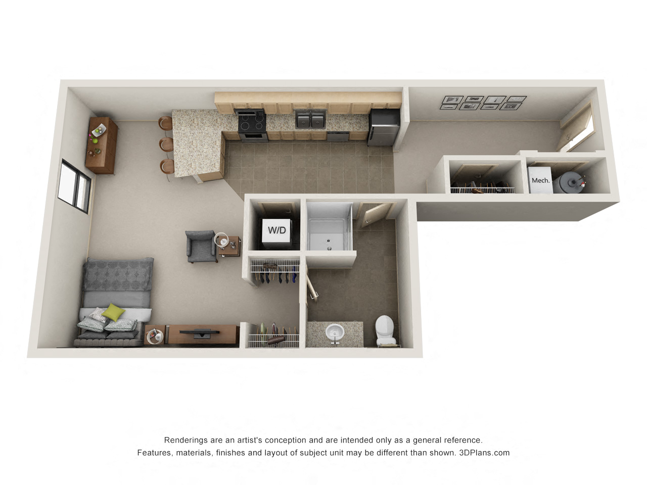 Floor plan for studio, 1 bath, 550 sqft