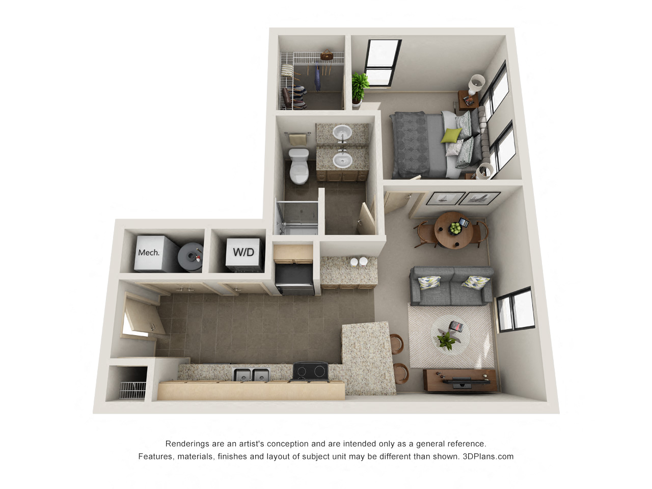 Floor plan for 1 bed, 1 bath, 545 sqft