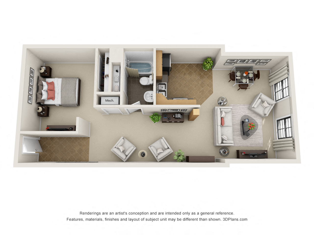 Floor plan for 1 bed, 1 bath, 1270 sqft