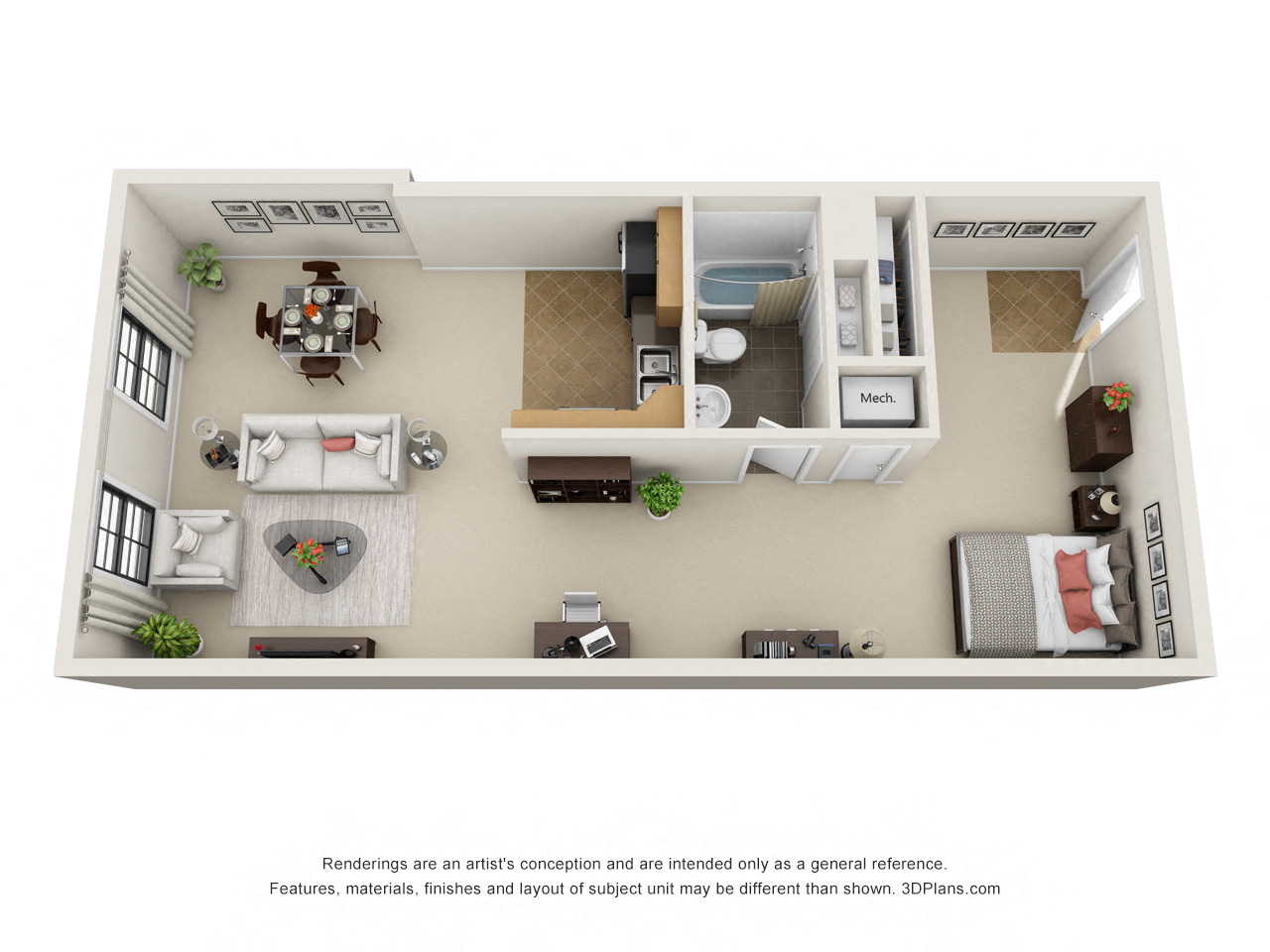Floor plan for studio, 1 bath, 1020 sqft