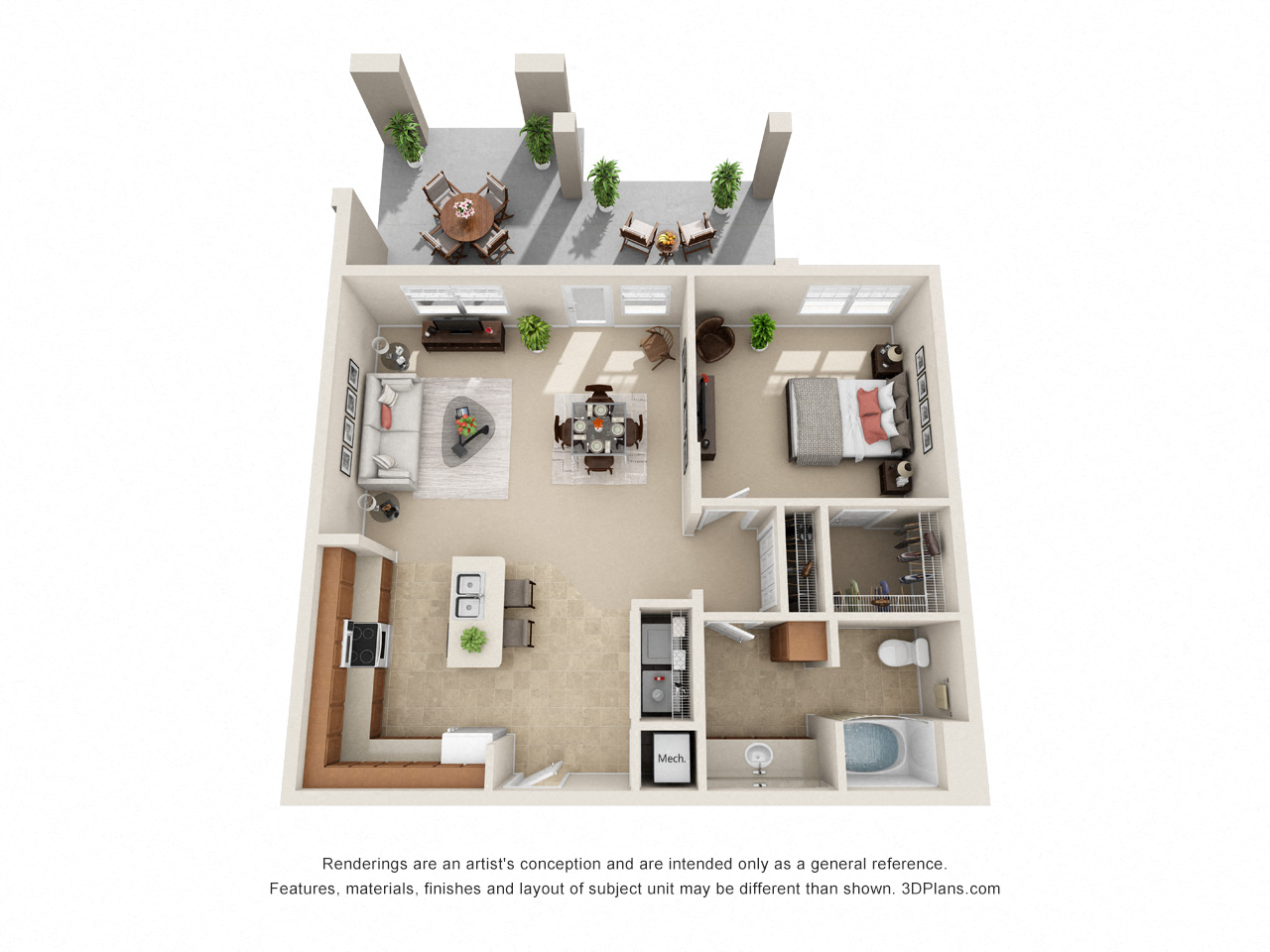 Floor plan for 1 bed, 1 bath, 957 sqft