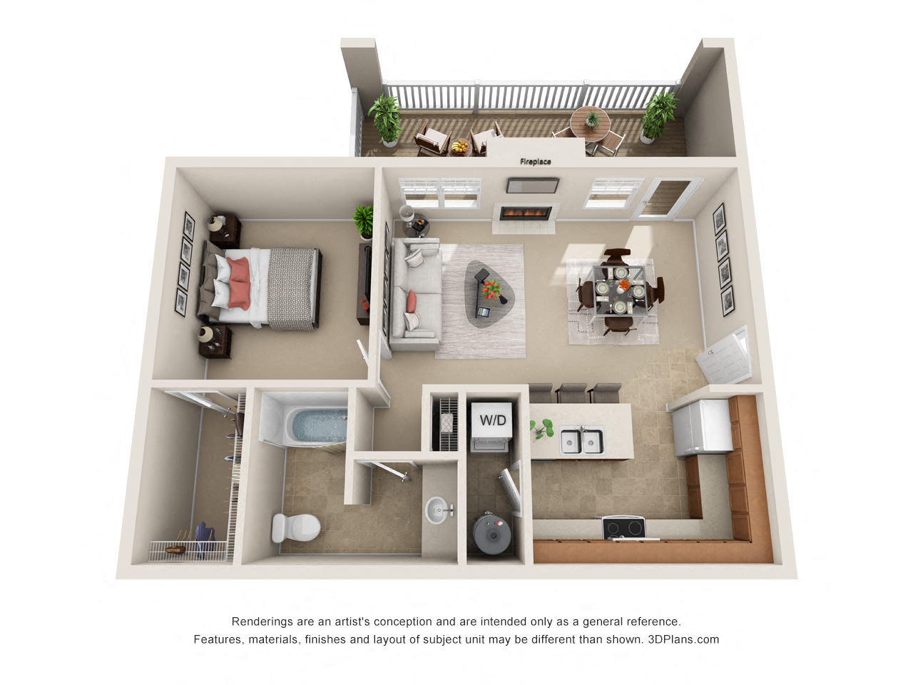 Floor plan for 1 bed, 1 bath, 753 sqft
