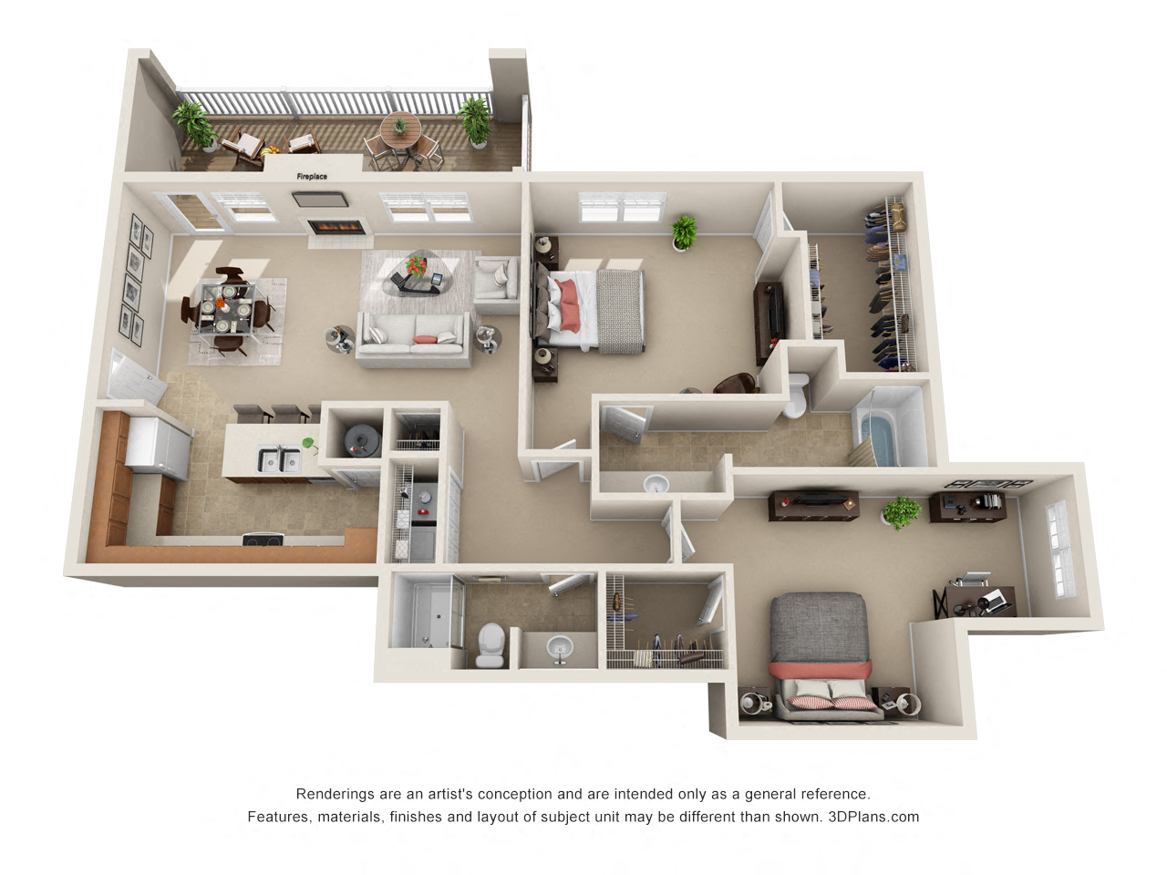 Floor plan for 2 beds, 2 baths, 1243 sqft
