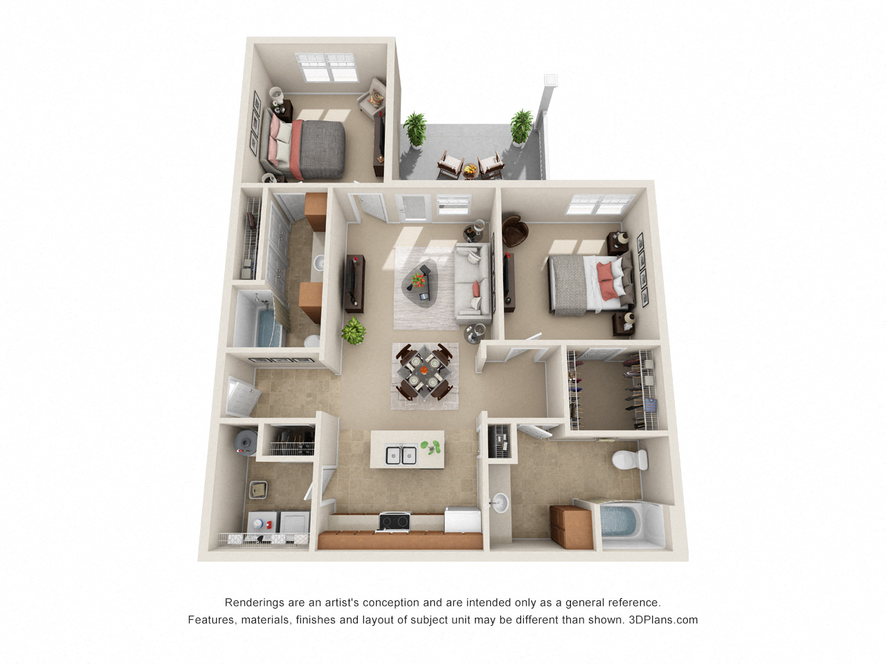 Floor plan for 2 beds, 2 baths, 1132 sqft