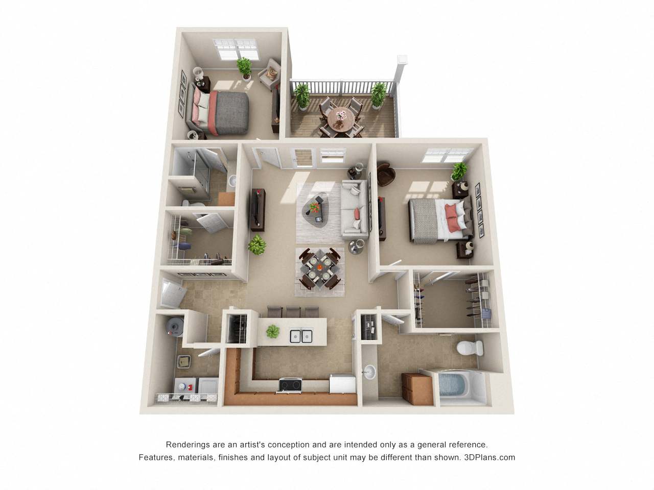 Floor plan for 2 beds, 2 baths, 1132 sqft