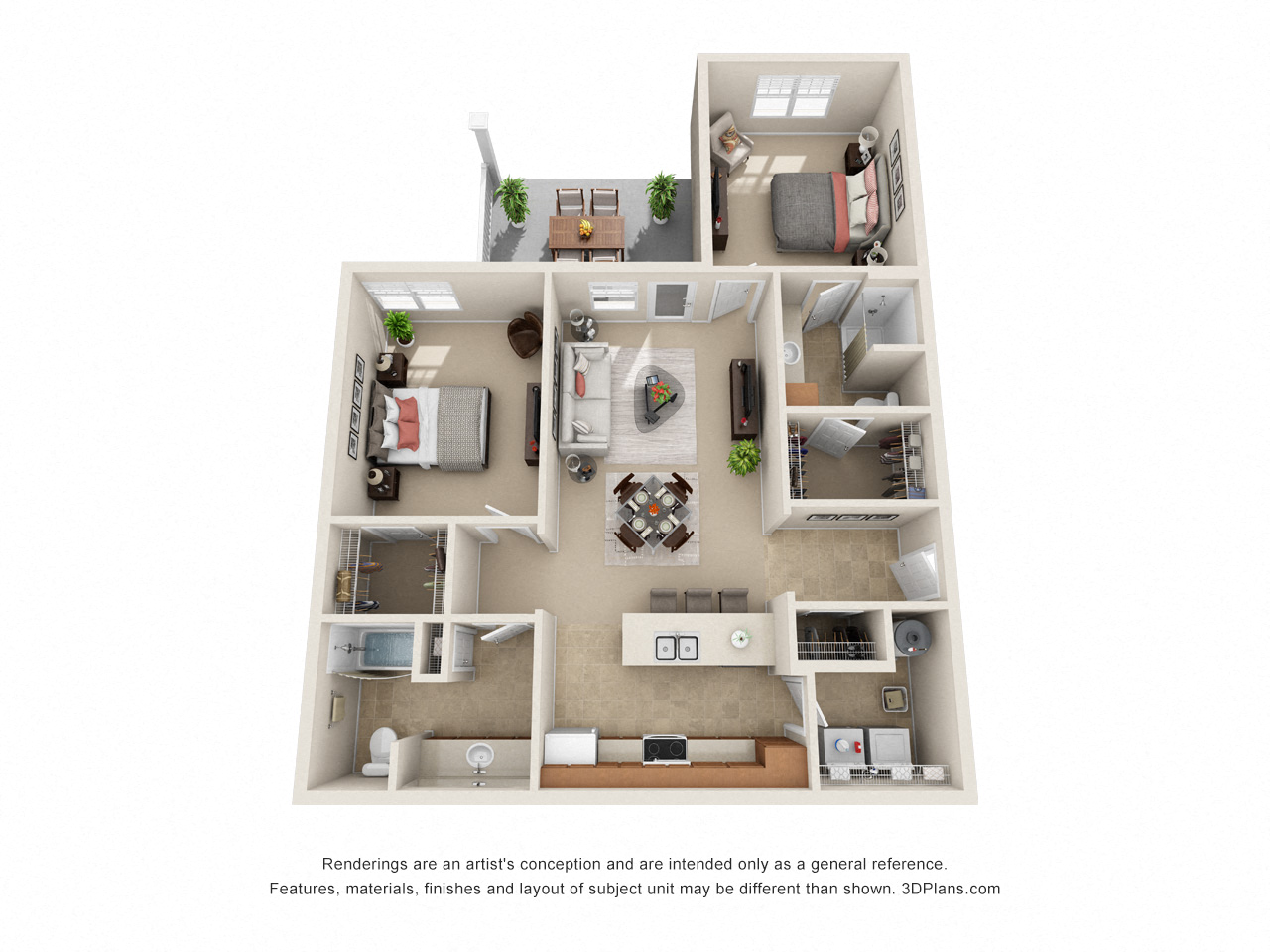 Floor plan for 2 beds, 2 baths, 1132 sqft