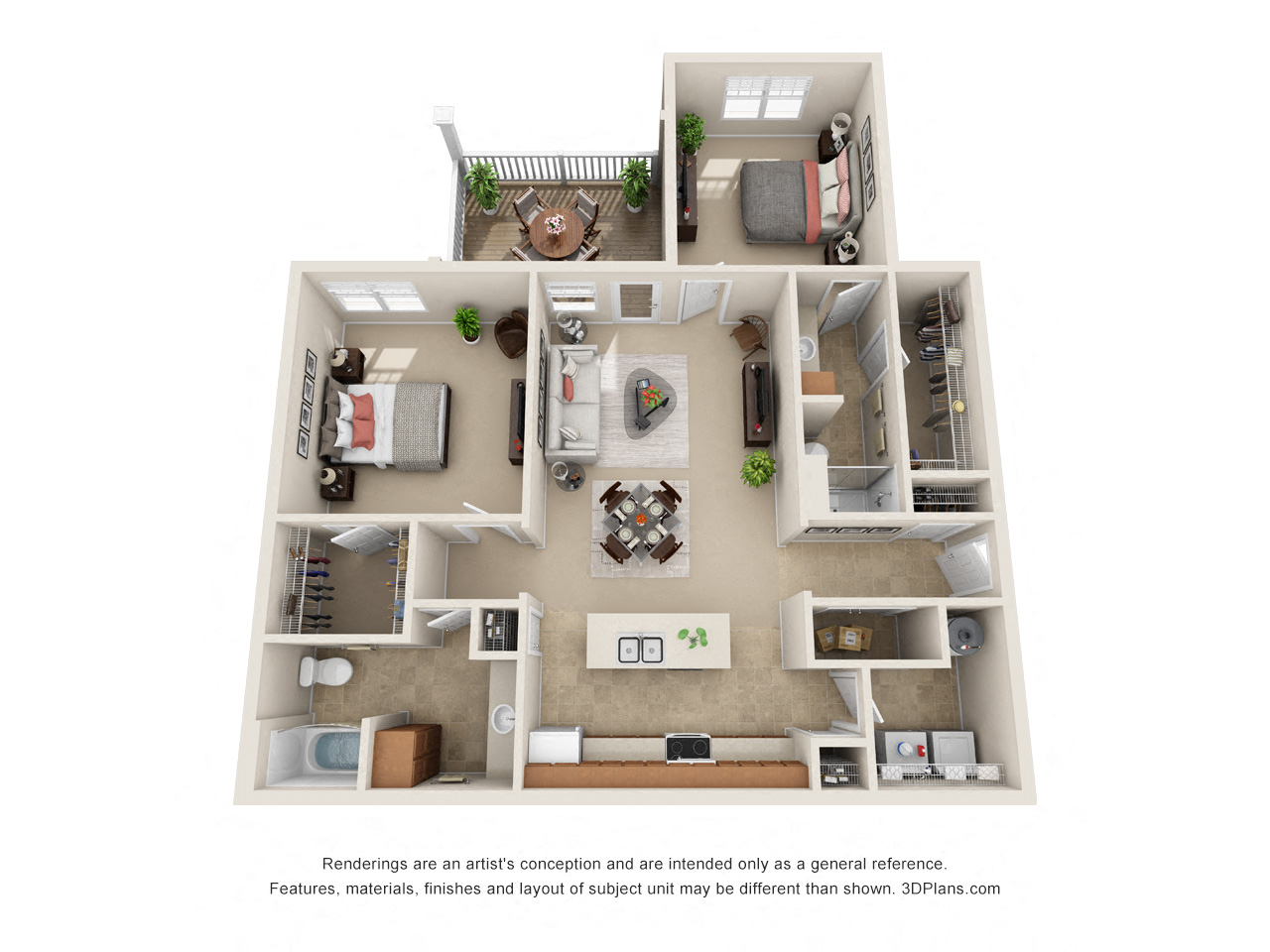 Floor plan for 2 beds, 2 baths, 1265 sqft