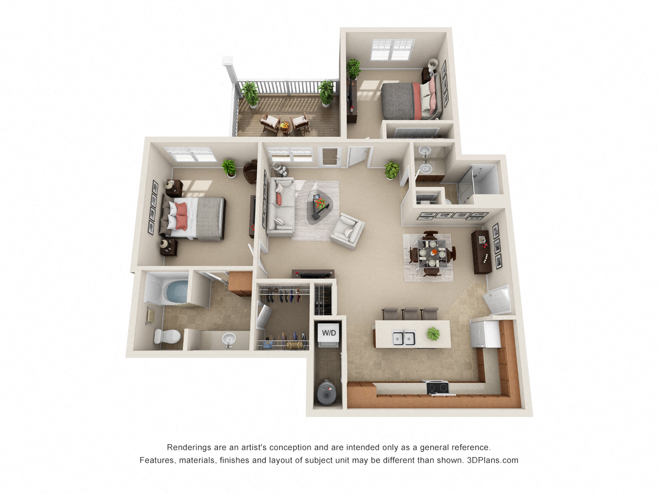 Floor plan for 2 beds, 2 baths, 1156 sqft