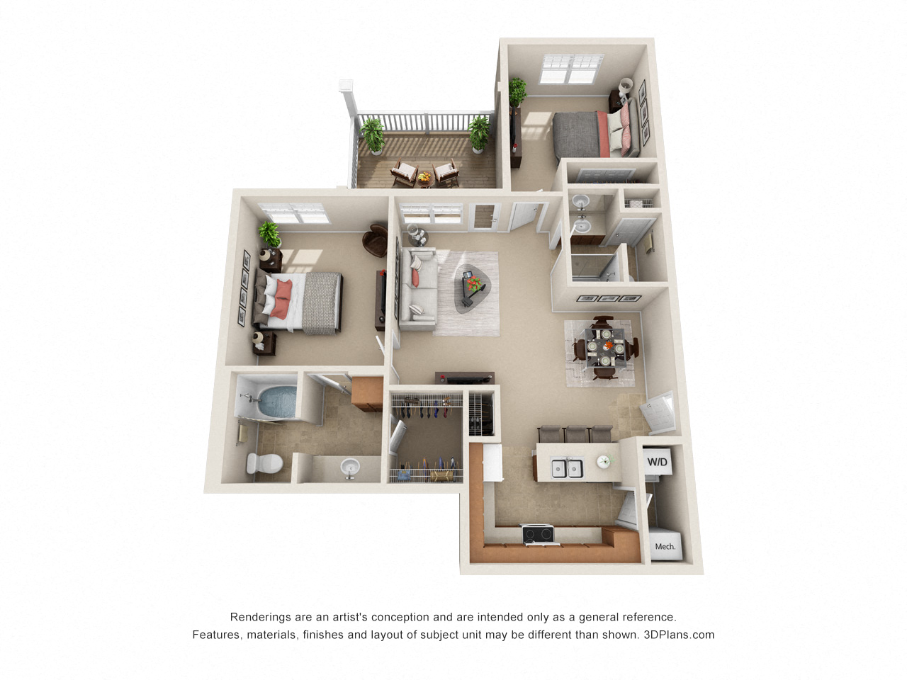 Floor plan for 2 beds, 2 baths, 1080 sqft